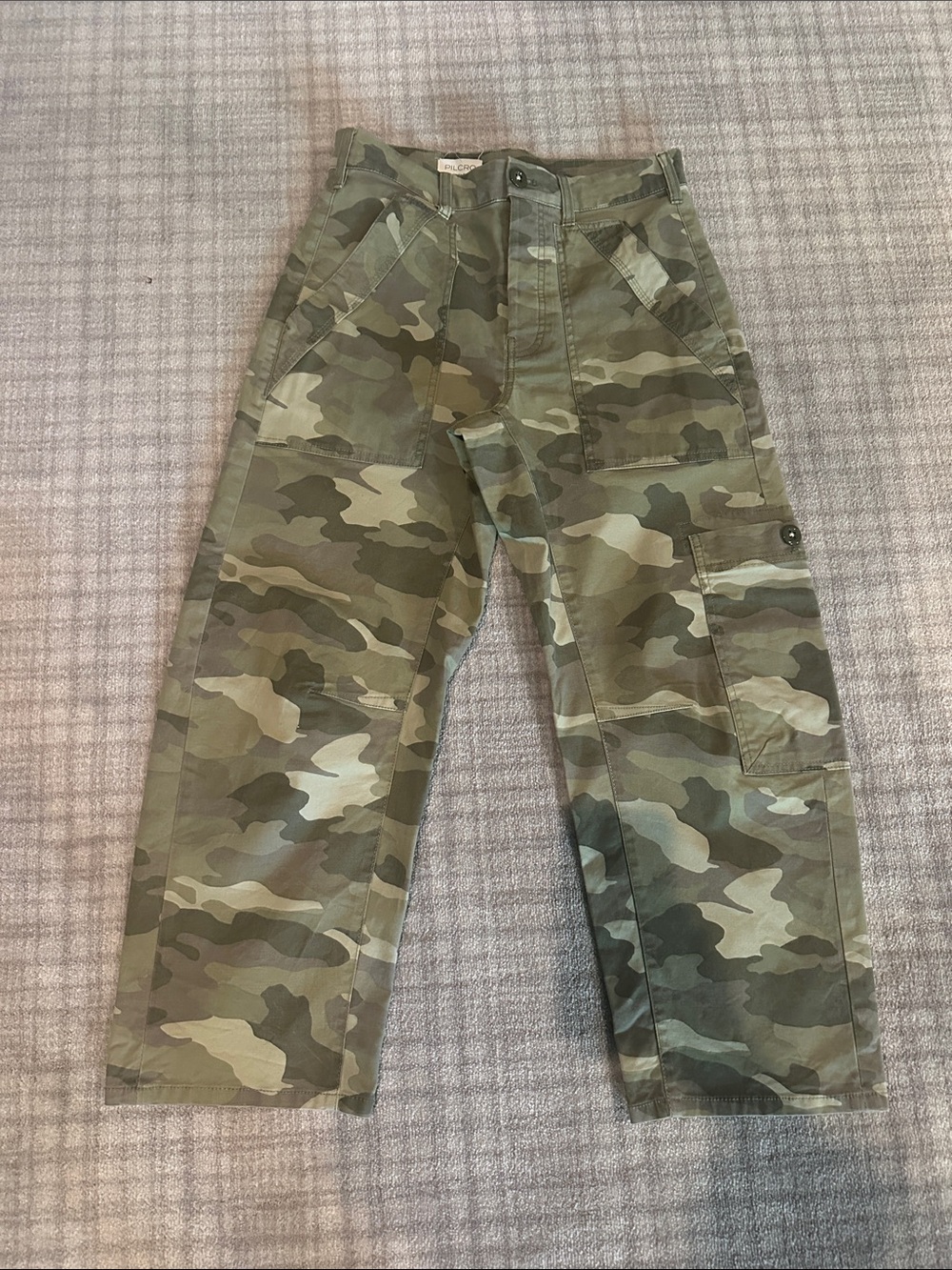 Anthropologie Pilcro Women’s Camo Cargo Pants with subtle barrel leg